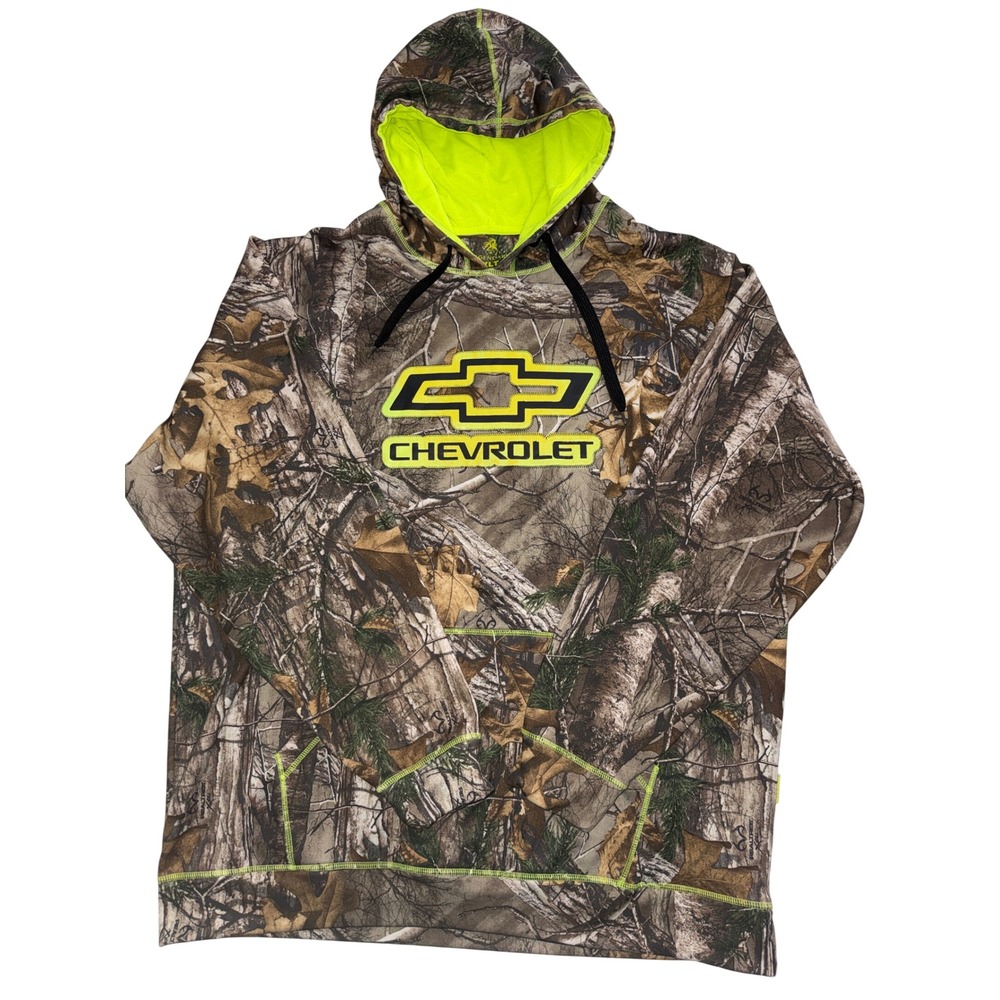 Legendary Whitetails Chevrolet Hoodie Mens XLT Realtree Camo Neon Yellow Logo